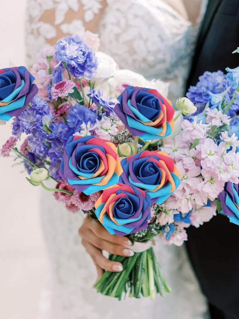 MACTING Artificial Flower Roses 30PCS Real Touch Fake Flowers with Stem Rainbow Foam Rose for DIY Wedding Bridal Bouquets Table Centerpieces Party Baby Shower Home Spring Mothers Day Decorations - Image 4